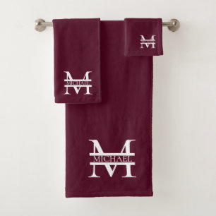 Personalised Elegant Burgundy Monogram and Name Bath Towel Set