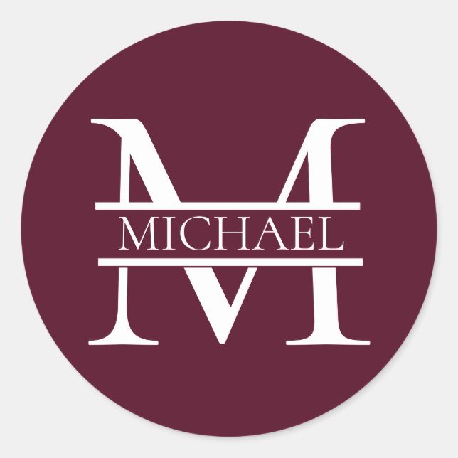 Personalised Elegant Burgundy Monogram and Name Classic Round Sticker (Front)