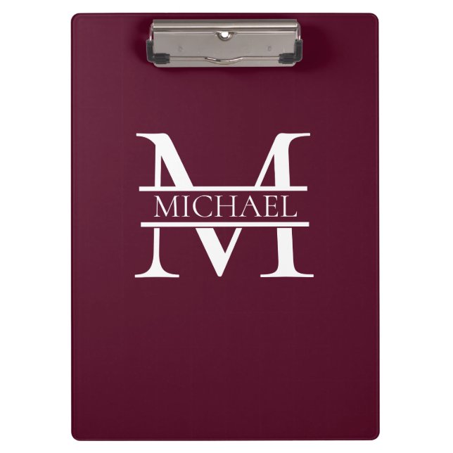 Personalised Elegant Burgundy Monogram and Name Clipboard (Front)