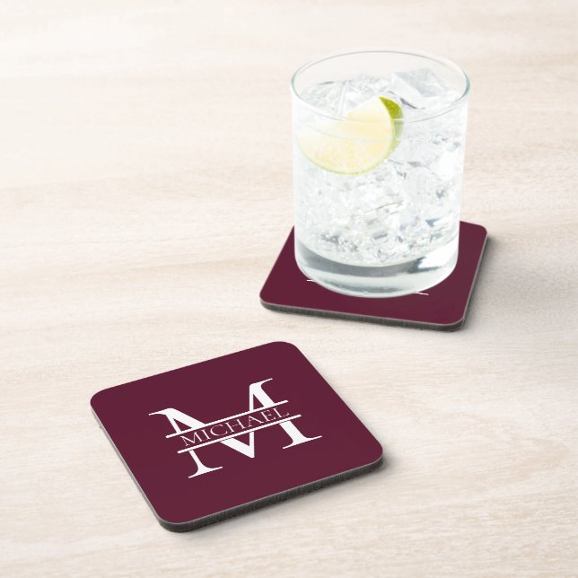 Personalised Elegant Burgundy Monogram and Name Coaster (Right Side)