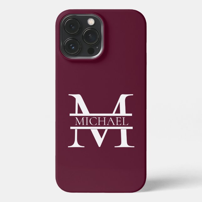 Personalised Elegant Burgundy Monogram and Name iPhone Case (Back)