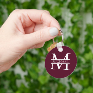 Personalised Elegant Burgundy Monogram and Name Key Ring