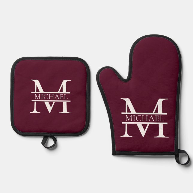 Personalised Elegant Burgundy Monogram and Name Oven Mitt & Pot Holder Set (Front)