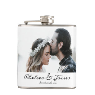 Personalised Elegant Calligraphy Photo Date Name  Hip Flask
