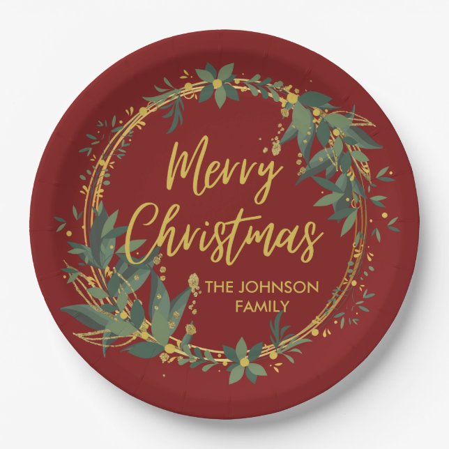 Personalised Elegant Christmas Wreath Paper Plates (Front)
