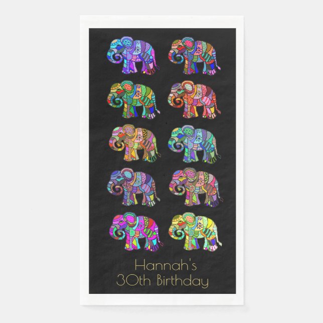 Personalised Elegant Colourful Elephants on Black Napkin (Front)