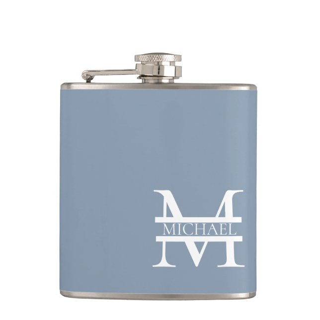 Personalised Elegant Dusty Blue Monogram and Name Hip Flask (Front)