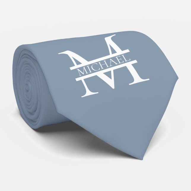 Personalised Elegant Dusty Blue Monogram and Name Tie (Rolled)