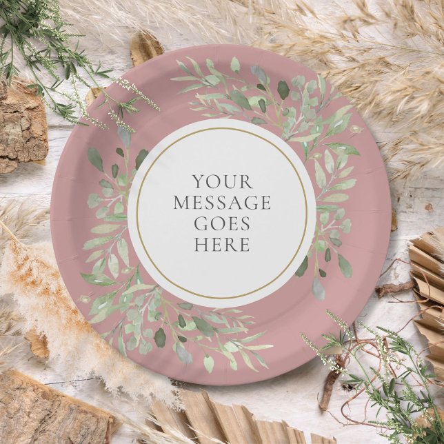 Personalised Elegant Dusty Rose Gold Greenery Paper Plate (Personalized Elegant Dusty Rose Gold Greenery Paper Plates)