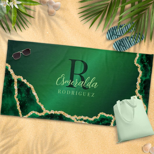 Personalised Elegant Emerald Green and Gold Agate Beach Towel (Creator Uploaded)