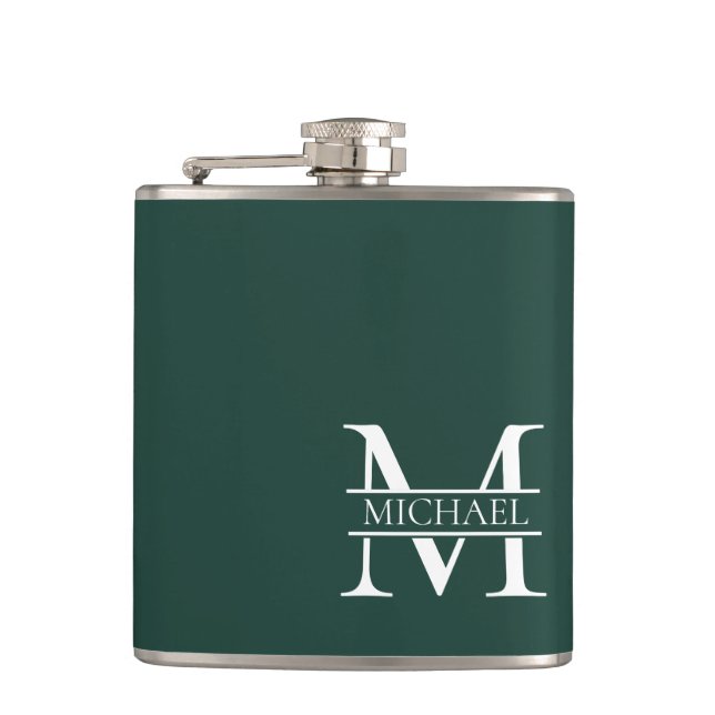Personalised Elegant Emerald Green Monogram & Name Hip Flask (Front)