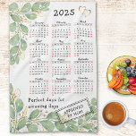 Personalised Elegant Eucalyptus 2025 Calendar Tea Towel<br><div class="desc">This elegant white kitchen towel with botanical eucalyptus design and hearts features a 2025 calendar and template text to personalise it with ease. Sundays and Saturdays are in red colours, months are in script font. 2025 has 365 perfect days for amazing days, and it can be approved by anyone from...</div>