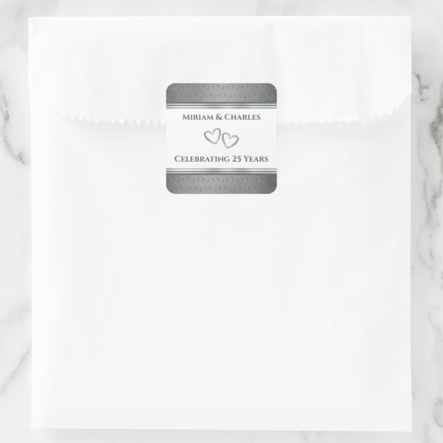 Personalised Elegant Fancy Silver 25th Anniversary Square Sticker (Bag)