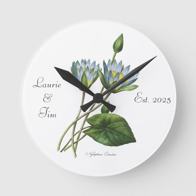 Personalised Elegant Floral Blue Nymphea Wooden  Round Clock (Front)