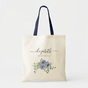 Personalised Elegant Floral Navy Blue Bridesmaid Tote Bag