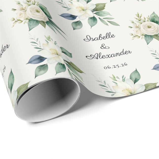Personalised Elegant Floral Script Names Wedding Wrapping Paper (Roll Corner)