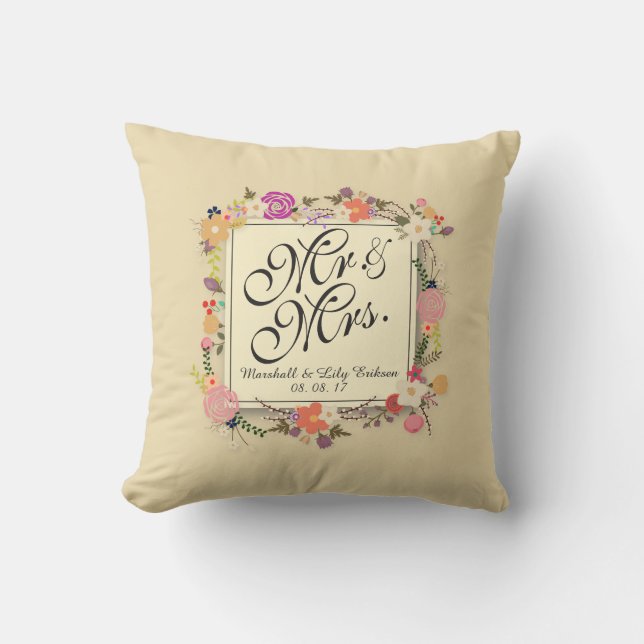 Personalised Elegant Floral Wedding Throw Pillow (Front)