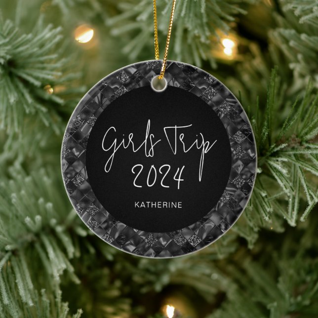 Personalised Elegant Girls Trip Faux Glitter Foil Ceramic Ornament (Tree)