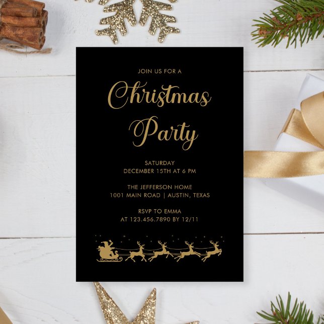Personalised Elegant Gold Black Christmas Party Invitation (Personalized Elegant Gold Black Christmas Party Invitation)