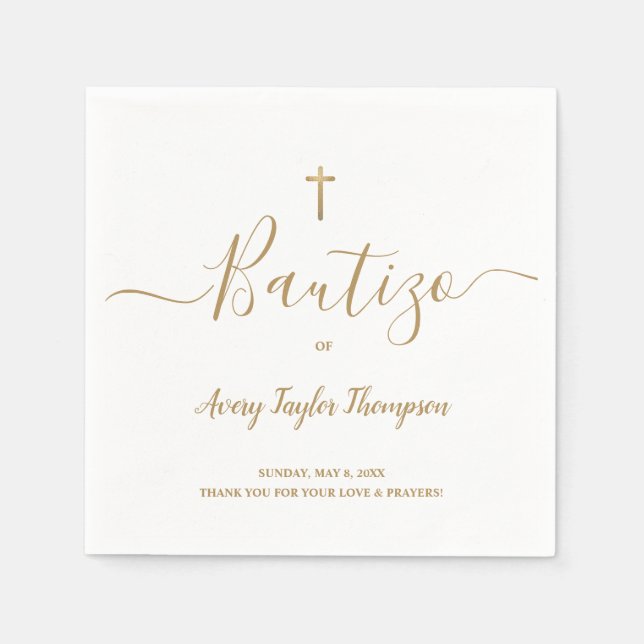 Personalised Elegant Gold Cross Bautizo spanish Napkin (Front)