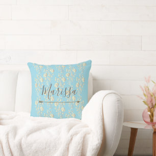 Personalised Elegant Gold Flowers on Blue  Cushion