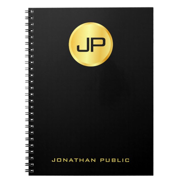 Personalised Elegant Gold Monogram Black Template Notebook (Front)