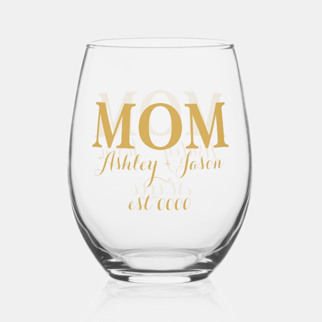 Personalised elegant gold mum EST mothers day  Stemless Wine Glass (Front)