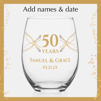 Personalised Elegant Golden 50th Anniversary Gift Stemless Wine Glass