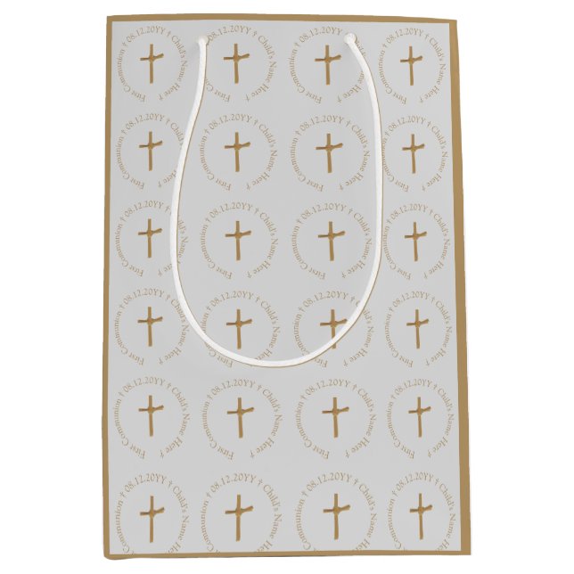 Personalised Elegant Golden Palm Cross Religious Medium Gift Bag (Front)