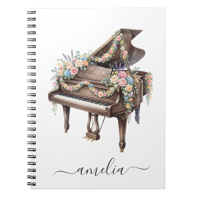 Personalised Elegant Grand Piano with Flowers      Notebook (Front)