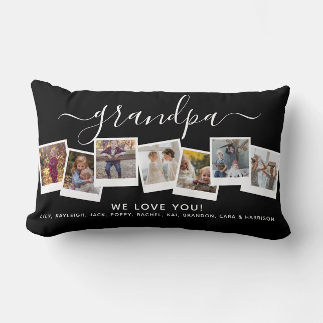 Personalised Elegant Grandpa Photo Collage Black Lumbar Cushion (Front)