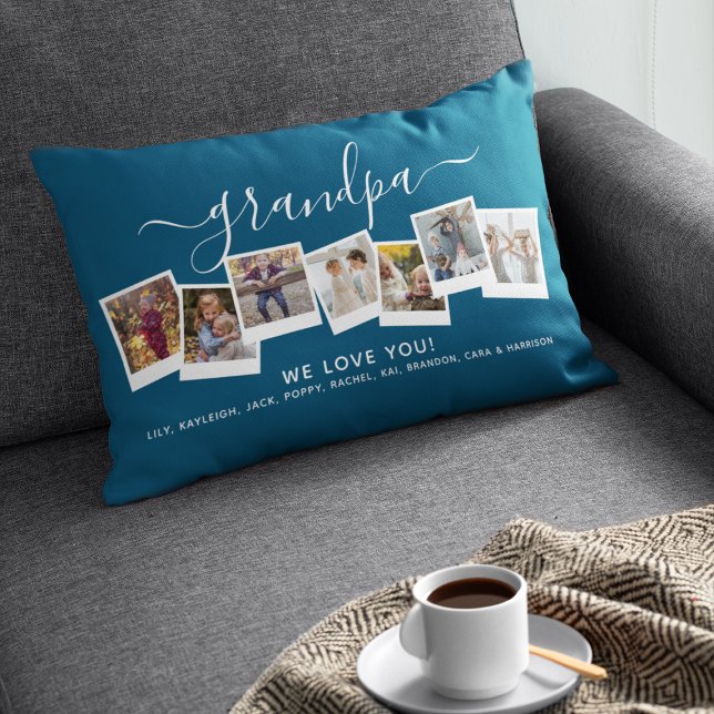 Personalised Elegant Grandpa Photo Collage Blue Lumbar Cushion (Creator Uploaded)