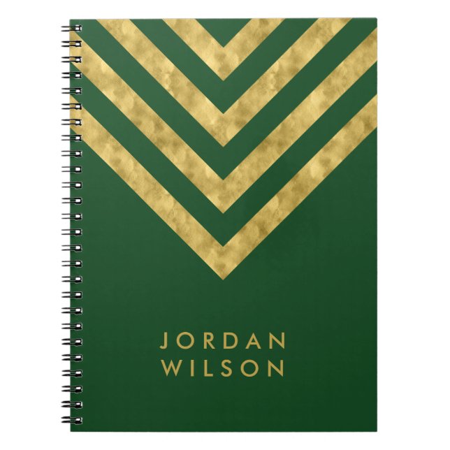 Personalised Elegant Green Faux Gold Chevron Notebook (Front)