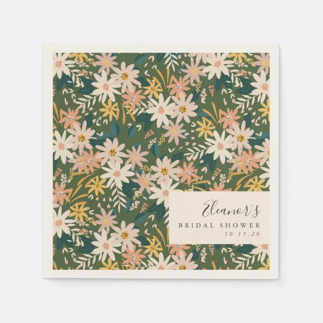 Personalised Elegant Green Floral Bridal Shower  Napkin (Front)