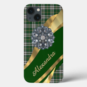 Personalised elegant green tartan plaid iPhone 13 case