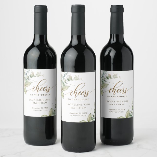 Personalised Elegant Greenery Cheers Wedding Wine Label (Bottles)
