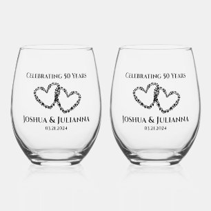 Personalised Elegant Heart 50th Anniversary Gift Stemless Wine Glass