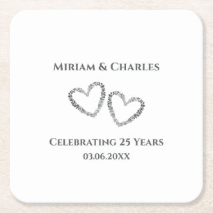 Personalised Elegant Heart Silver 25th Anniversary Square Paper Coaster