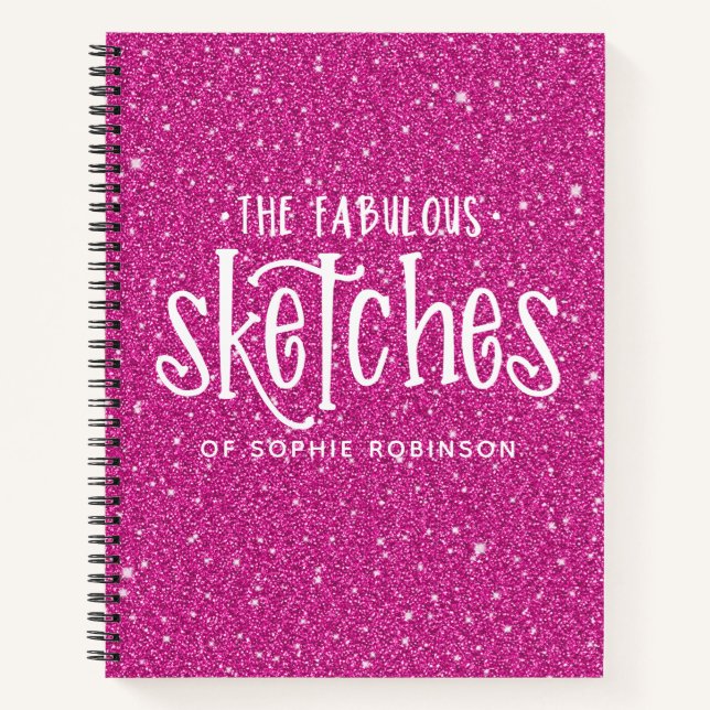 Personalised Elegant Hot Pink Glitter Sketchbook Notebook (Front)