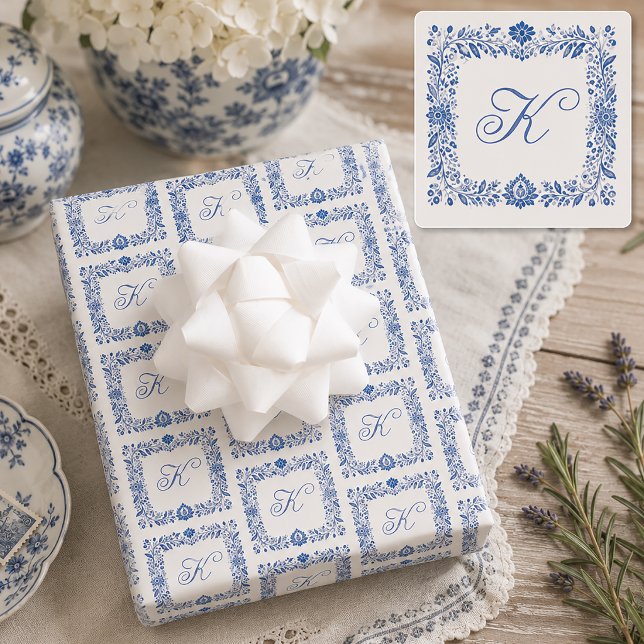 Personalised Elegant Initial Monogram Wrapping Paper Sheet (Blue Monogram Wrapping Paper)