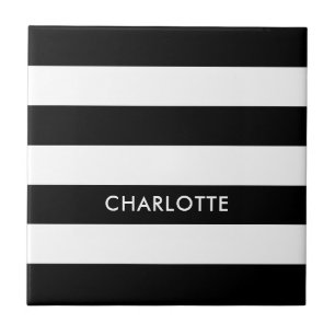 Personalised Elegant Luxury Black and white stripe Ceramic Tile