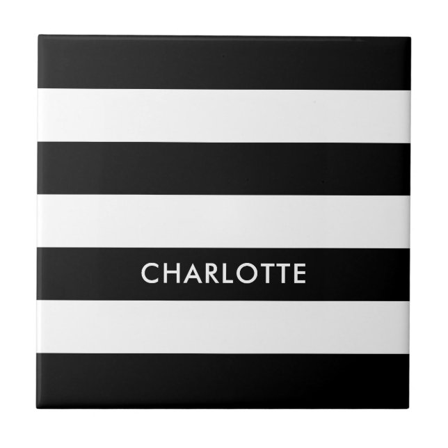 Personalised Elegant Luxury Black and white stripe Ceramic Tile (Front)