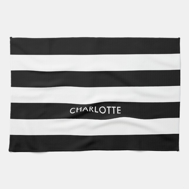 Personalised Elegant Luxury Black and white stripe Tea Towel (Horizontal)