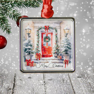Personalised Elegant Merry Christmas Red Door Metal Ornament
