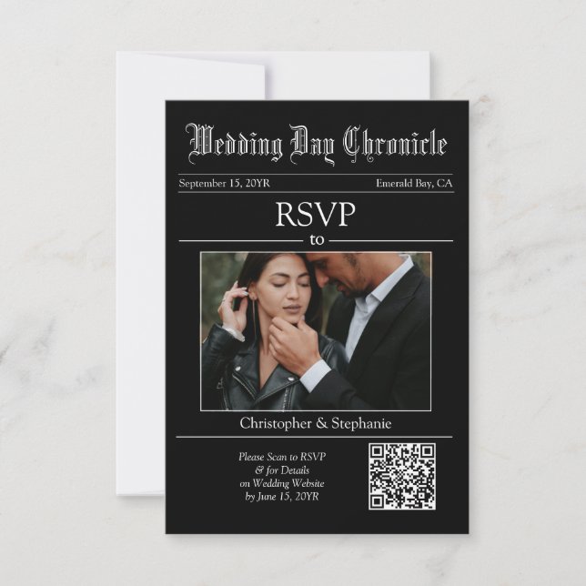 Personalised Elegant Minimalist QR Code Newspaper RSVP Card (Front)