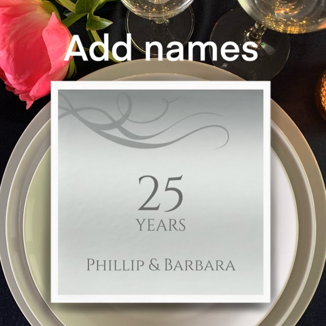 Personalised elegant modern 25th anniversary party napkin (Add couple’s names for personalized silver gradient 25th wedding anniversary napkins. Unique modern.)