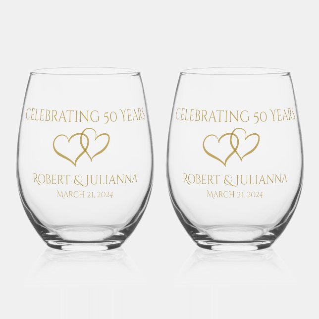 Personalised Elegant Modern 50th Anniversary Gift Stemless Wine Glass (Front)