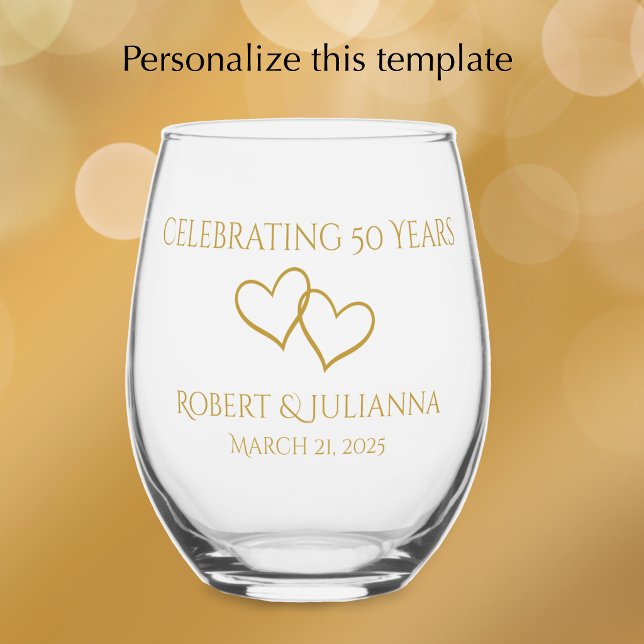 Personalised Elegant Modern 50th Anniversary Gift Stemless Wine Glass (Personalize this stylish elegant golden wedding anniversary keepsake glass.
)