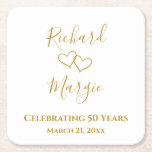 Personalised Elegant Modern 50th Anniversary Party Square Paper Coaster<br><div class="desc">Create stylish wedding anniversary coaster by adding the couple's names and wedding or anniversary date to these white paper coasters. Two hand drawn hearts give a chic romantic touch. Simple, elegant script saying "Celebrating 50 Years" written in a tan golden colour can be edited to any short text. Two simple...</div>