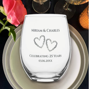 Personalised Elegant Modern Heart 25th Anniversary Stemless Wine Glass
